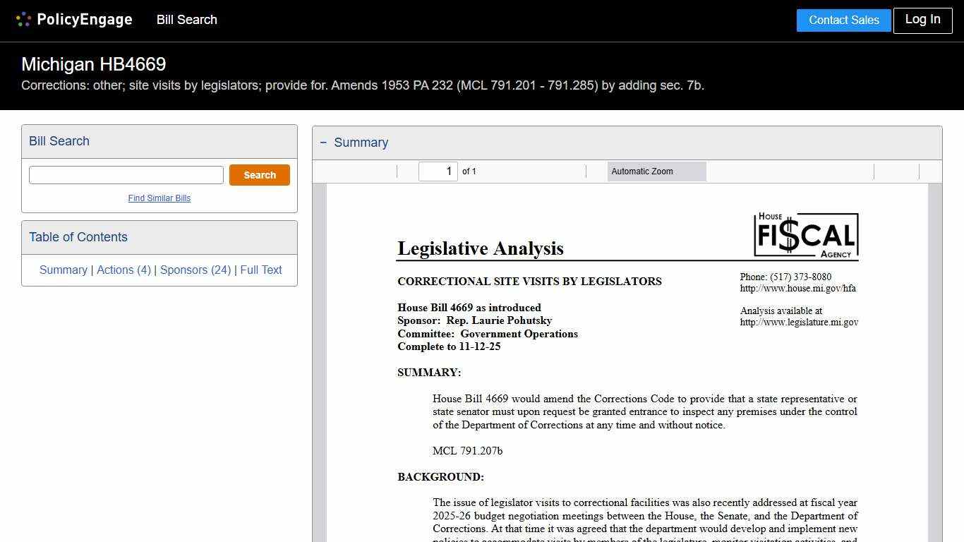 HB4669 Michigan 2025-2026 Corrections: other; site visits by legislators; provide for. Amends 1953 PA 232 (MCL 791.201 - 791.285) by adding sec. 7b. - Legislative Tracking PolicyEngage